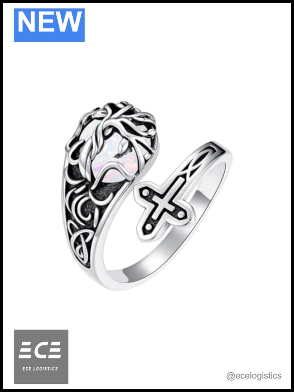 925 Sterling Silver Spoon Ring Tree of Life Opal Adjustable Statement Ring